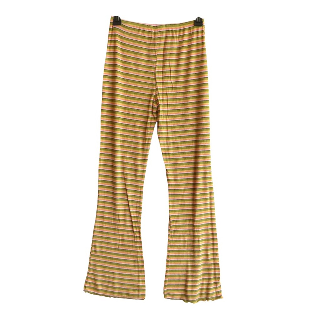 LISA SAYS GAH! Ribbed Knit Flare Leggings Pants GREEN/MULTI STRIPE Pull-On SZ S